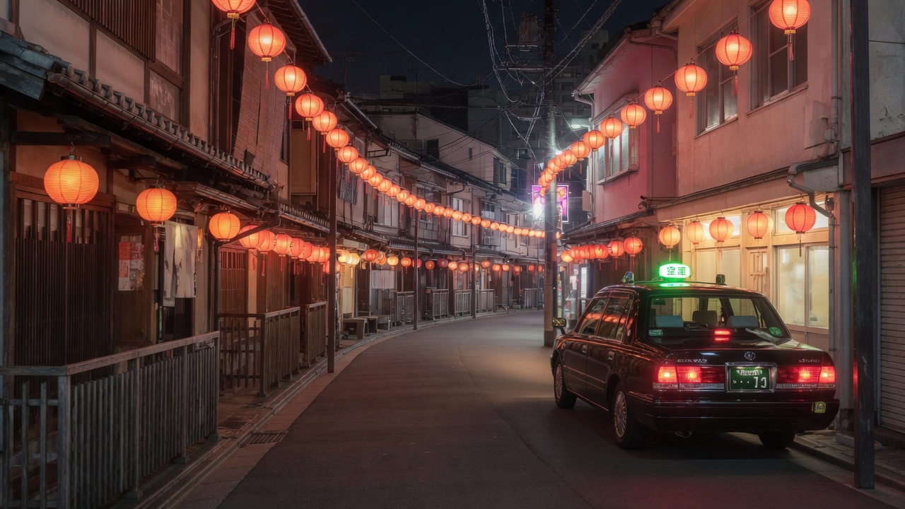 Taxi waiting on a lantern-lined street in Yoshiwara